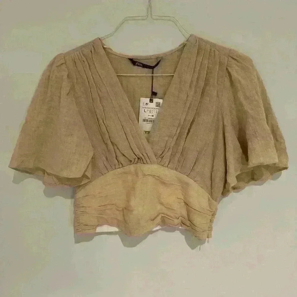 Zara Tan Drapped Crop Blouse Size Large New With Tags - Picture 1 of 3